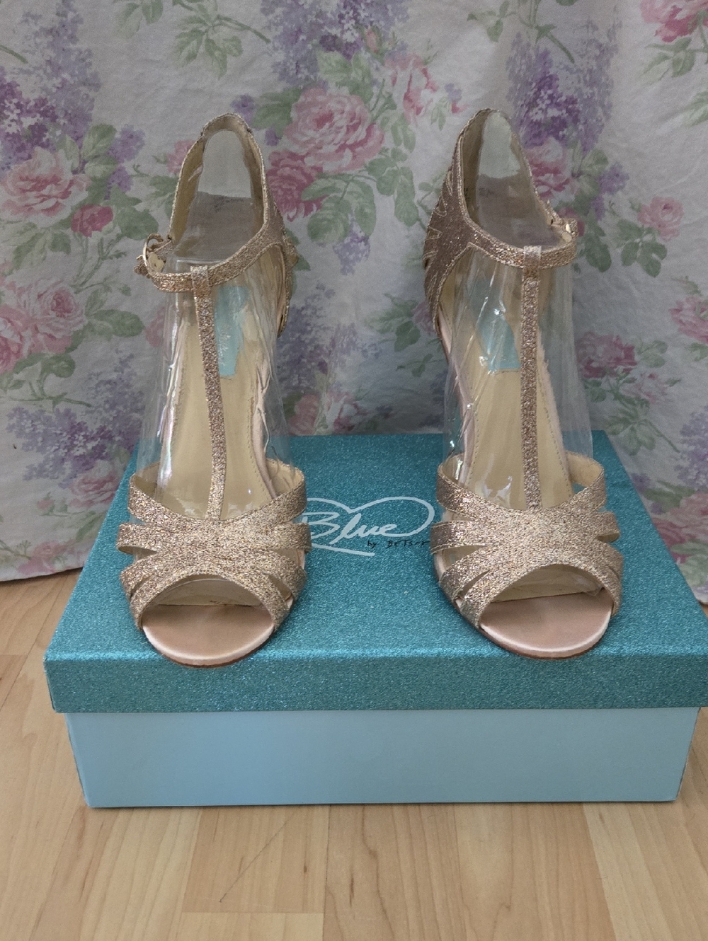 Blue by Betsey Johnson Rose Gold Glitter T-Strap Heels
